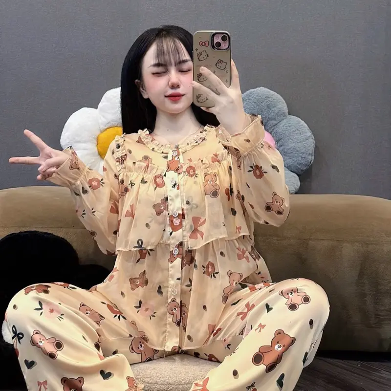 [Tay dài tiểu thư latin phối voan 03] Đồ bộ Pyjama nữ Tay dài tiểu thư 2 tầng lụa latin phối voan tơ cao cấp nhiều màu xinh Women 3
