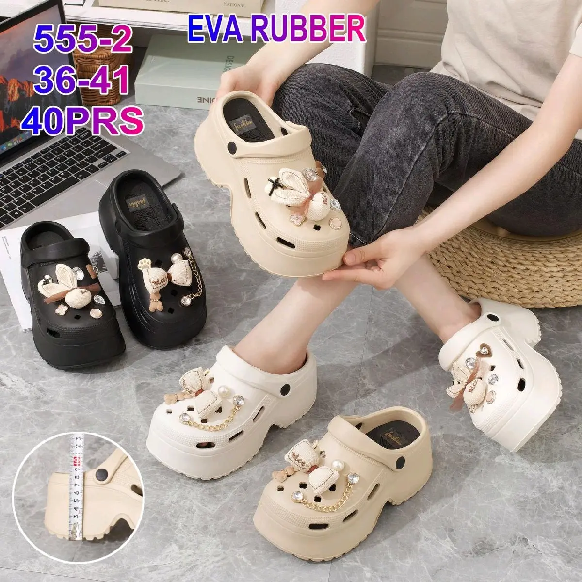 Sendal Baim Wanita Karet eva Rubber Jibbits Rante Gold Pita Kain 555-2 Sandal