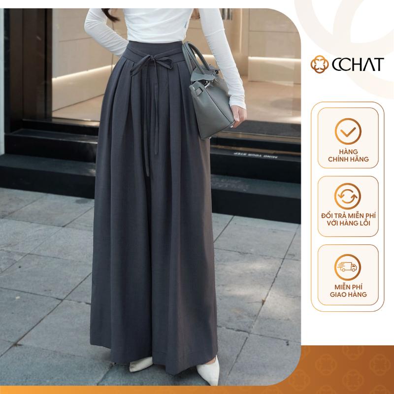   TREND25  Quần Nữ CCHAT Dáng Suông Xếp Ly Súp Ống Rộng Chất Tuytsi 24QDS2044ST 