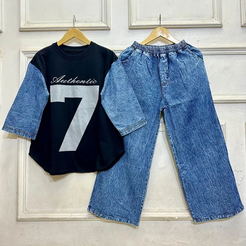 Adeva setelan combat kolaborasi dengan jeans Nyaman , setelan kaos dewasa wanita 7