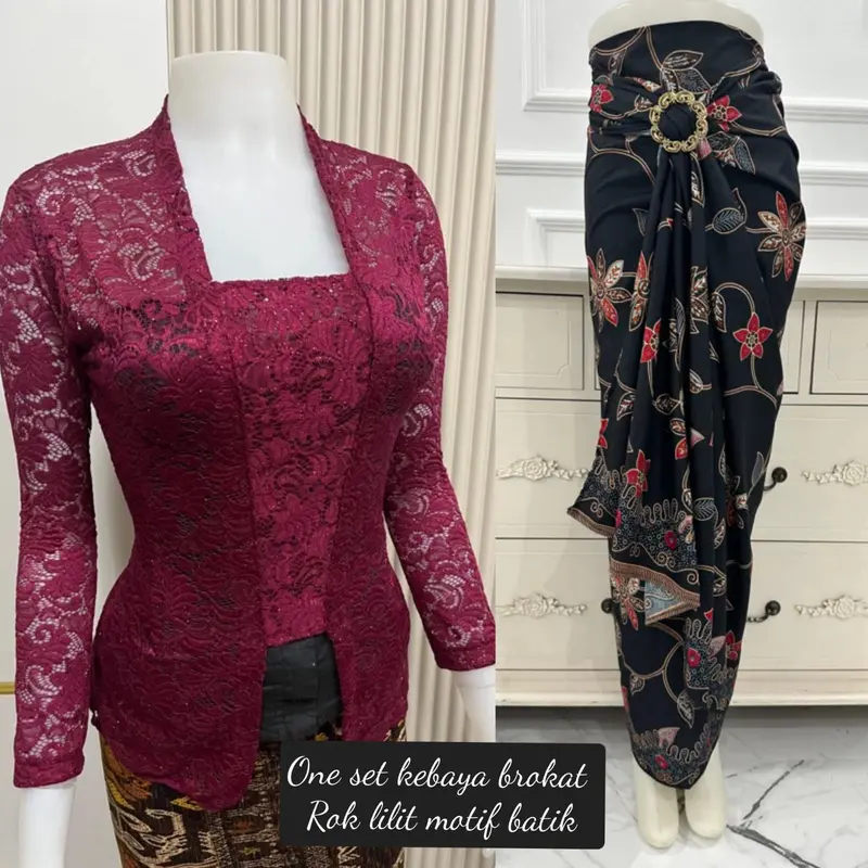 BINAYA SET One Set Kebaya Brokat dan Rok Lilit Motif Batik Kain Katun 2