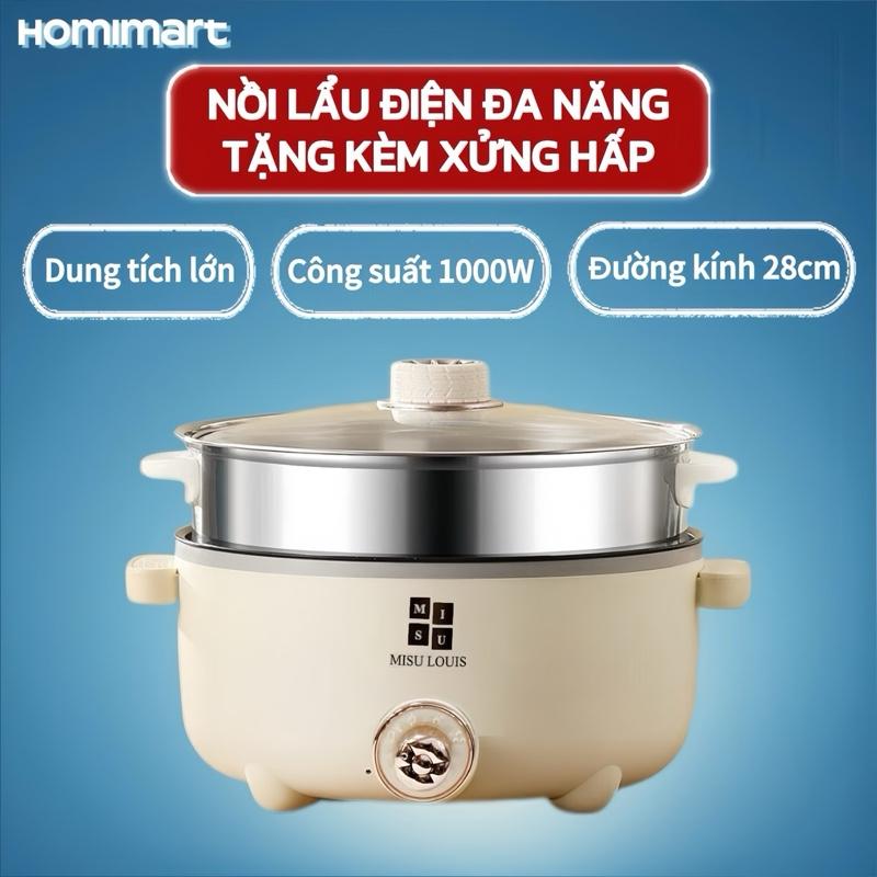 Nồi lẩu điện Misu Louis tặng kèm xửng hấp inox, Nồi nấu đa năng 2 tầng Dung Tích 4L chống dính size 28cm