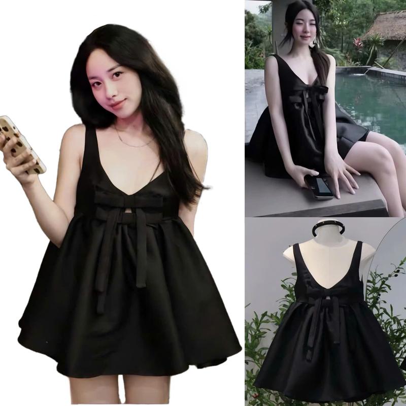 Set Áo Váy xoè Bồng 2 Dây Đính Nơ Ngực Mix Quần Short Cạp Chun Co Giãn Chất Tafta Sang Chảnh Tiểu Thư Đi Chơi Du Lịch Top BY TH