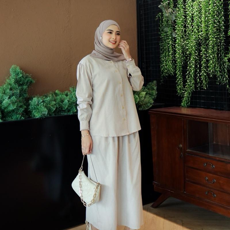 Ayana Set by Adiyana Apparel- krem Fit Nyaman Muslim Wanita Gamis Setelan Panjang Lembut Jilbab Celana 3