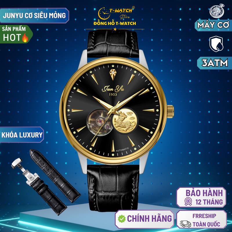   CHÍNH HÃNG  Đồng Hồ Cơ Siêu Mỏng Junyu Tỳ Hưu Vàng Tài Lộc Máy Mắn Cao Cấp Thép 316L Dây Da Cao Cấp Chống Nước Tốt Đeo Tay Watch Nam Caro 