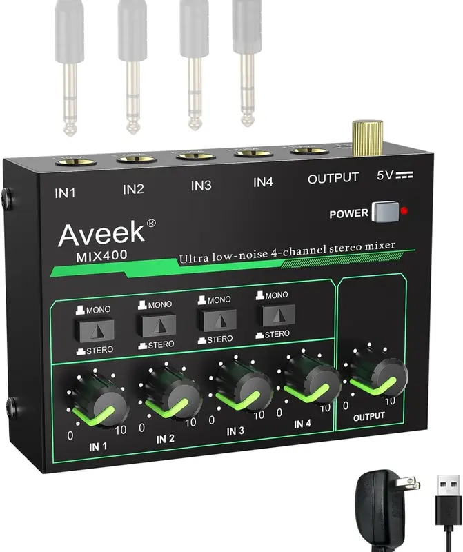 Aveek 4 Channel Mixer - Mini 4 Stereo Audio Mixer, Low-Noise for Precision Sub-Mixing,1/4" TRS Input/Output Ideal for Mics/Guitars/Bass/Stage - 3 x 4.4 x 1.3 inches 0