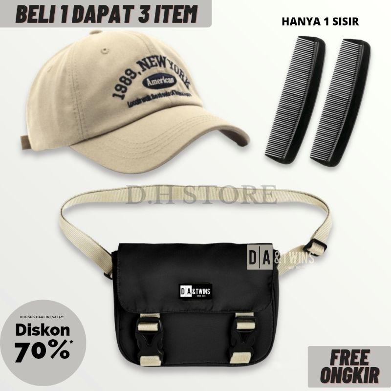 New Arival 4 in 1 Tas Salempang pria Paket Bundling 4 in 1 sling bag pria gratis jam topi dan dompet 2