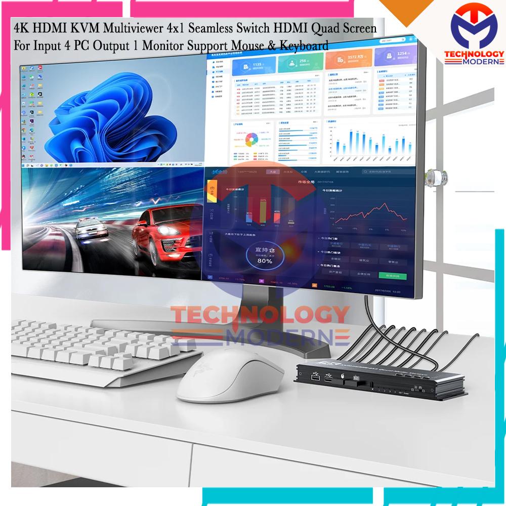 4K HDMI KVM Multi Viewer 4x1 Seamless Switch Quad Screen For Input 4 PC Output 1 Monitor Support Mouse & Keyboard