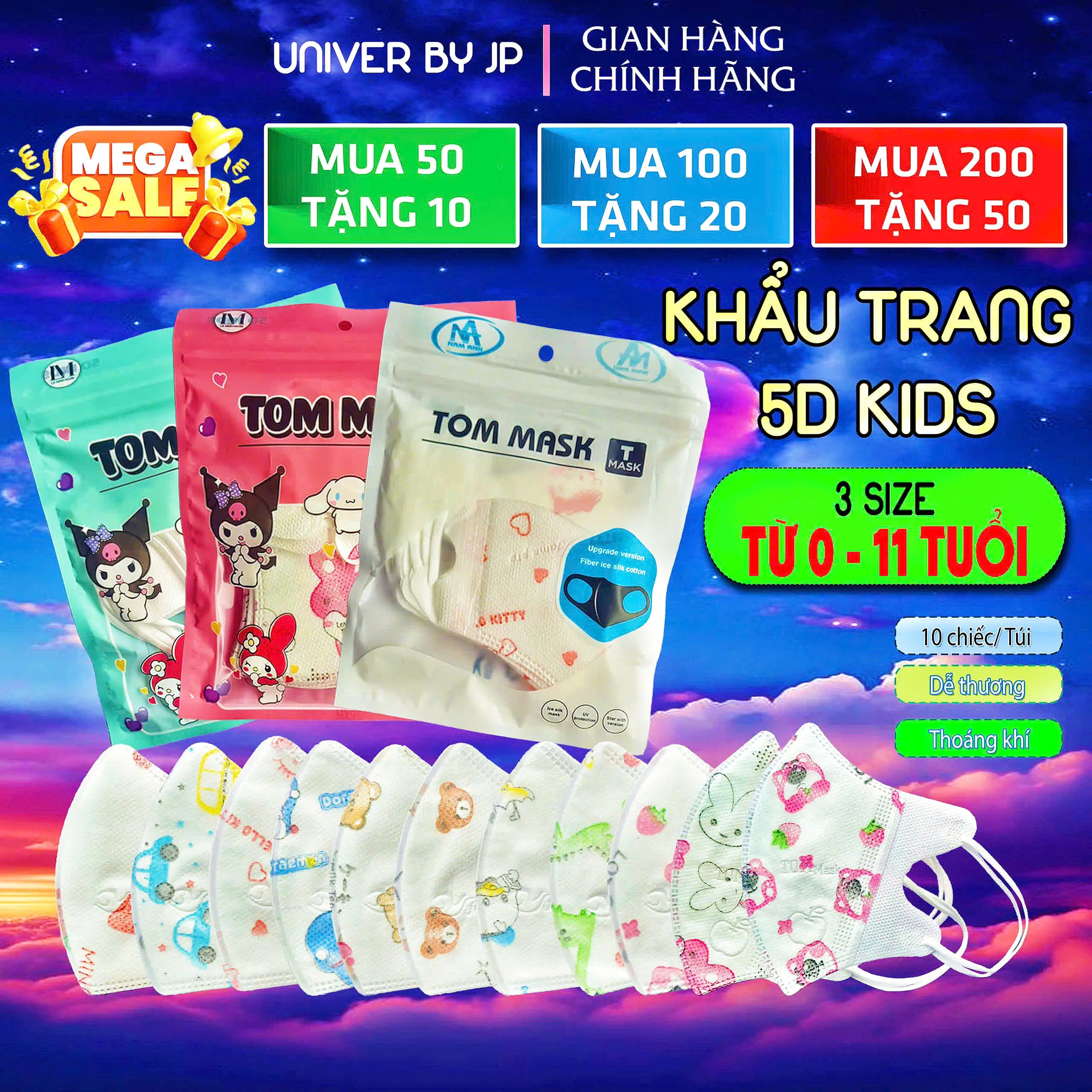 [ Mua 100 tặng 20c] Khẩu Trang 5D Trẻ Em Tom Mask, có 3 size [0-11 tuổi] in hình hoạ tiết cho bé, , khẩu trang chống tia uv