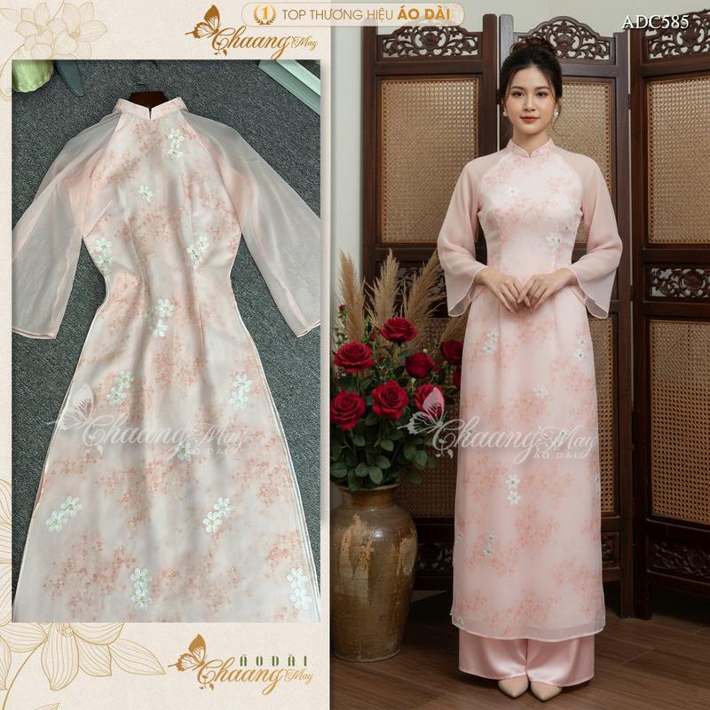   MỞ BÁN  Áo dài hoa nhí 4 tà truyền thống tay loe ADC585 áo dài tơ loang cô giáo viên dự tiệc lễ tết đẹp 