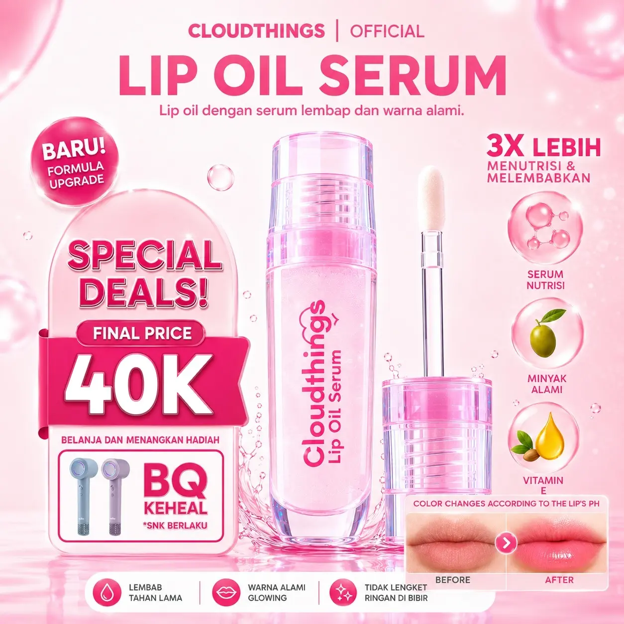 [HOT LAUNCH] CLOUDTHINGS - Lip Oil Serum dengan Jojoba Oil dan Vitamin E yang Dapat Menutrisi Bibir Kering, Pemerah bibir gloss