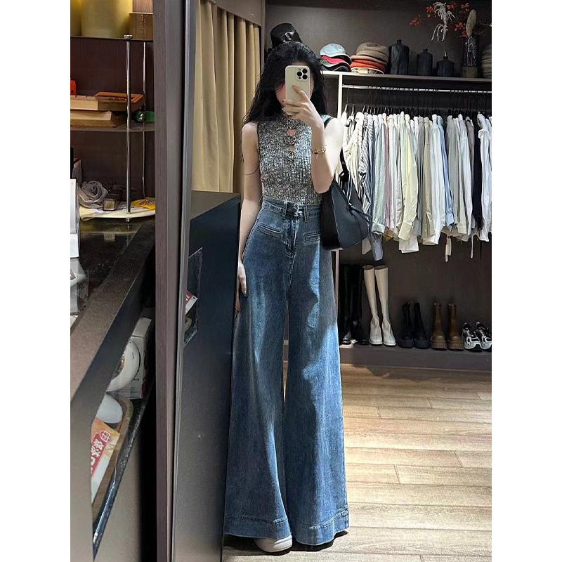 LL Jeans Korea Style Biru Highwaist Baggy Celana Jeans Wanita Elegan Bahan denim melar (realpict)