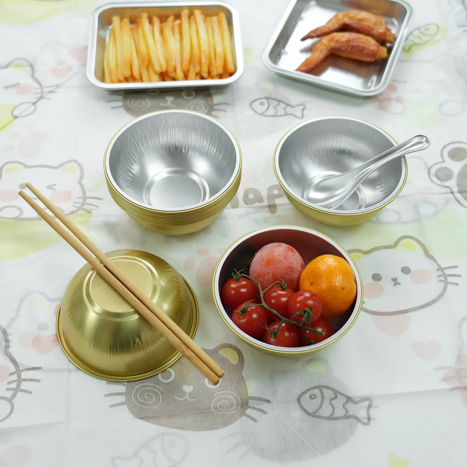 Aluminum Bowls with Spoons Double-Walled Insulated Serving Bowls for Soup, Ice Cream, Rice  - Heavy Duty Metal Nesting Bowls