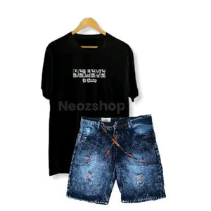 Setelan Kaos Believe Distro Dan Celana Jeans Pendek Sobek Pria Dewasa Keren