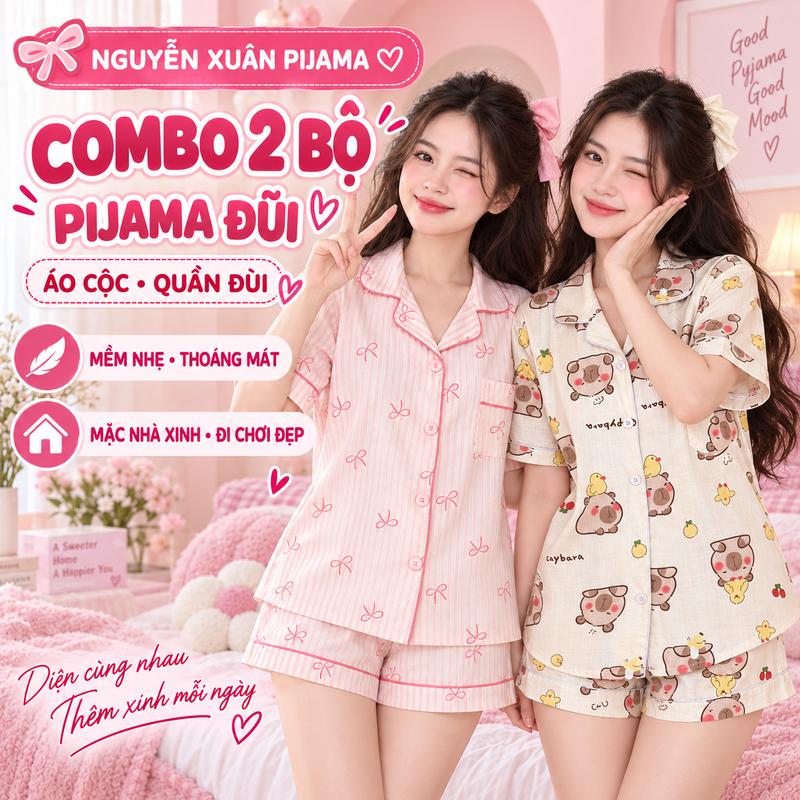 COMBO 2 Bộ Pijama Nữ Vải Đũi Áo Cộc Quần Cộc Mềm Nhẹ Thoáng Mát Êm Ái