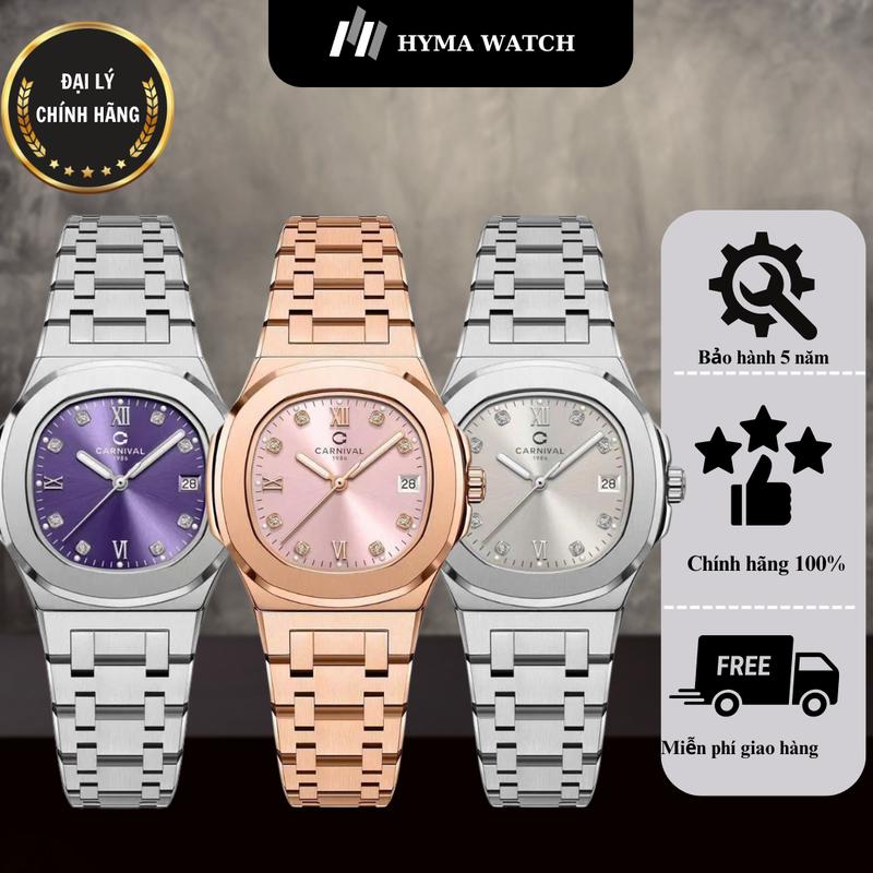 Đồng hồ Nữ Carnival 8160L Dây thép mặt vuông đính đá Bảo hành 5 năm Hyma Watch