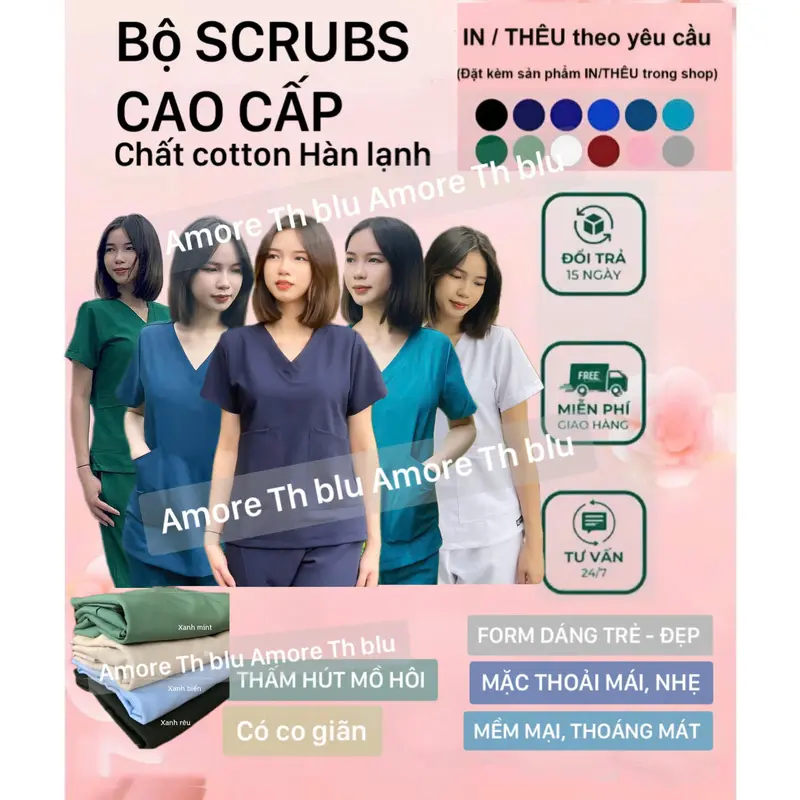 Bộ Scrubs cao cấp cotton Hàn  bác sĩ, blouse cổ tim, đồng phục điều dưỡng, Spa, thẩm mỹ viện, dược sĩ. 0