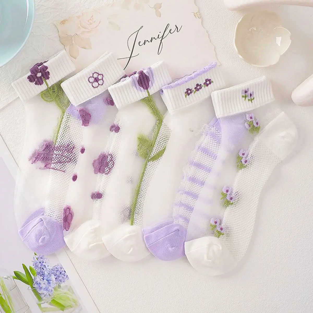Tất Lụa Mùa Hè, 5 Đôi, Ren Mắt Cá Chân, Siêu Mỏng, Dành Cho Bé Gái, Sợi Thủy Tinh Trong Suốt, Thời Trang, Dòng Màu Tím, Phong Cách Harajuku, Tất Ngắn Dễ Thương
