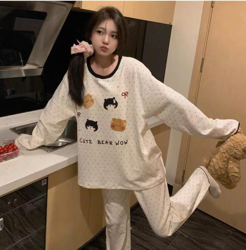 Mầu trắng ngà Bộ ngủ nữ dài tay chất nỉ da cá họa tiết gấu chấm bi dễ thương