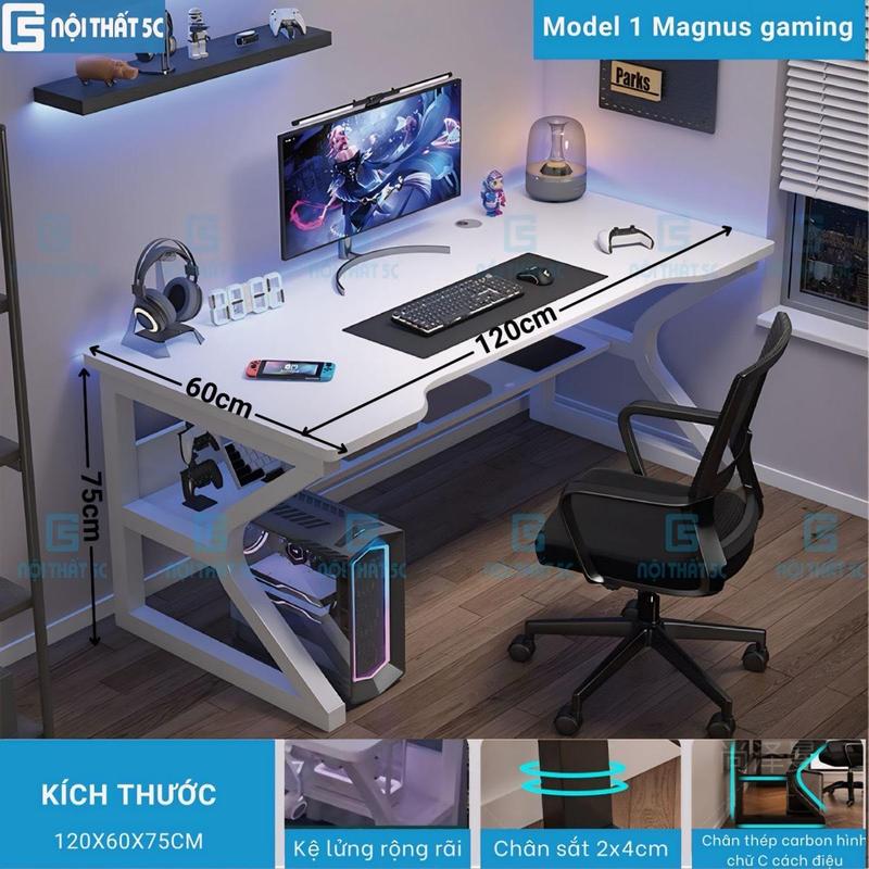 Bàn học, bàn làm việc Magnus chân chữ K uốn cong để PC laptop, bàn làm việc có 2 thanh đỡ mặt bàn, chịu tải tốt mặt gỗ công nghiệp MDF phủ melamine và chân sắt thiết kế độc đáo