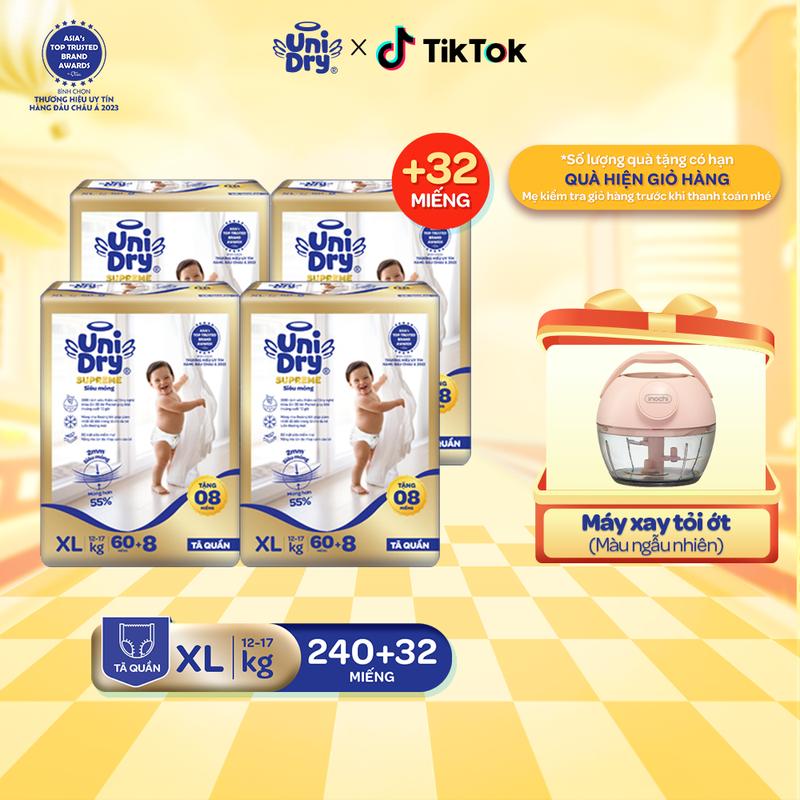 Combo 4 Tã quần UniDry Supreme siêu mỏng chỉ 2mm size M/L/XL/XXL + 32 miếng Cho Bé