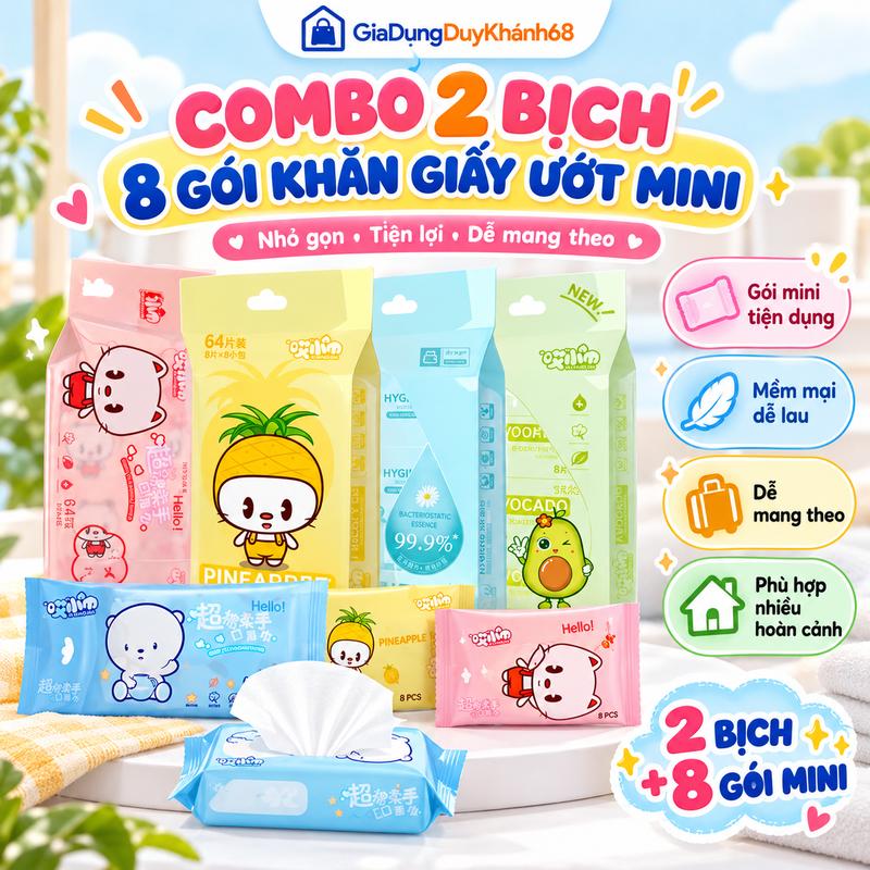 Combo 2 Bịch 8 Gói Khăn Giấy Ướt Mini Tiện Lợi, Khăn Ướt Nhỏ Gọn Đi Chơi Du Lịch Dã Ngoại, Khăn Giấy Ướt Mang Theo | GiaDụngDuyKhánh68
