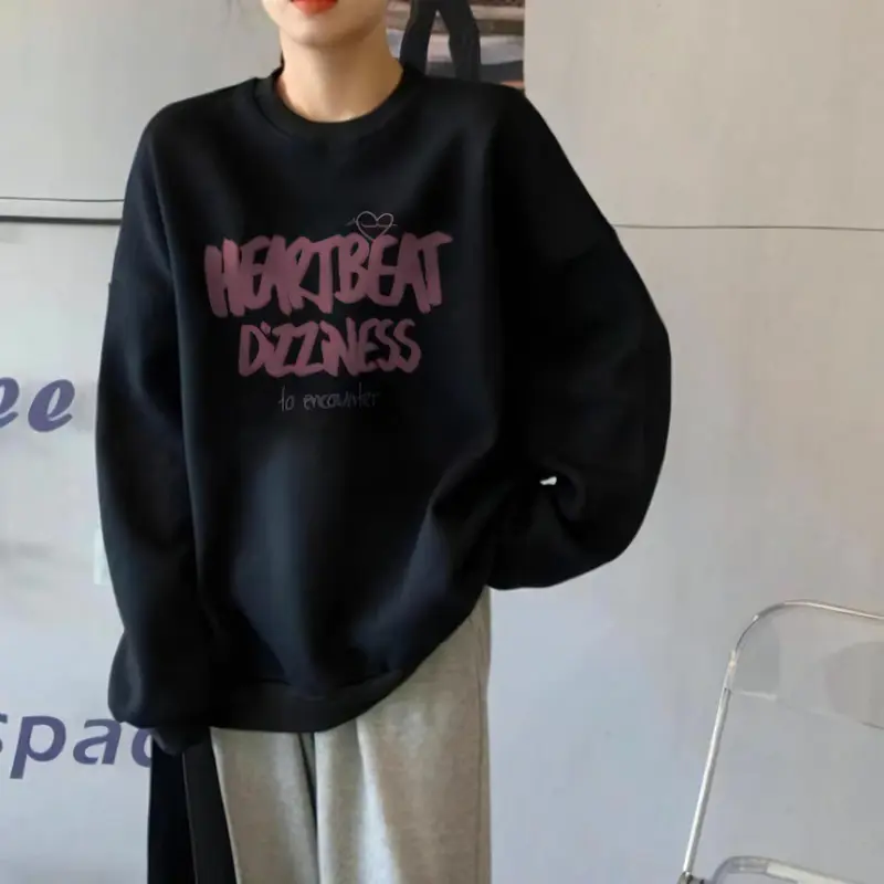 Sweater Crewneck Heart Beat Love Wanita Panjang Oversize BLUS Atasan Oblong Hoodie Sweatshirt baju atasan wanita Korean S Cewek Basic Korean S Fleece Kaos 2