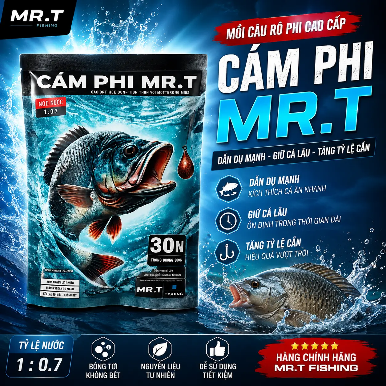 MR.T Mồi câu Rô Phi - Cám Phi 250g - Mồi câu tự nhiên, dịch vụ hiệu quả - Kết hợp tôm nhật & cám rô phi ,mồi câu cá rô, Tặng 1 khi mua 5, tặng 3 khi mua 10