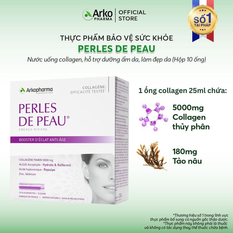  Thực phẩm bảo vệ sức khỏe ARKOPHARMA PERLES DE PEAU - Hỗ trợ dưỡng ẩm da làm đẹp da Collagen nước  Hộp 10 ống  