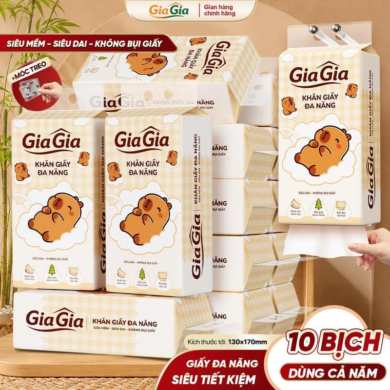 [XẢ KHO] 10 Bịch Khăn Giấy GiaGia Cappy, Tặng Móc Treo Tường, 1780 Lần Rút/ 10 Bịch 130x170mm, Khăn Giấy Cao Cấp GiaGia, Giấy Dai Hơn Bền Chắc Hơn Mềm Mịn Hơn, Khăn Giấy Rút Đáy Đạt QCVN 09:2015/BCT