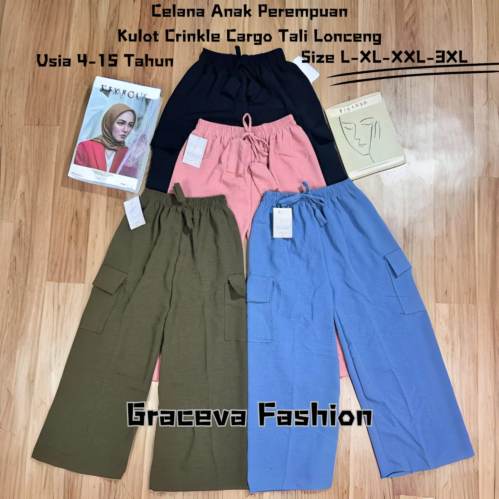 Celana kulot cargo anak tali lonceng crinkle airflow//kulot crinkle cargo anak 3-15 tahun//celana kulot anak perempuan