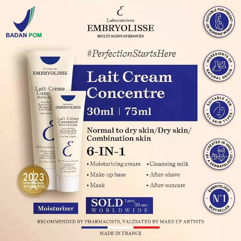 Embryolisse Lait-Creme Concentre 30ml/75ml Miracle Cream 6 IN 1 Pelembab Moisturizer Wajah Makeup Base Primer Foundation 0