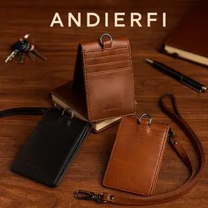 Andierfi All-In-One Smart ID Wallet Lanyard Kulit Multifungsi, Dompet Tipis, Jendela ID Besar, Slot Kartu Berlapis, Kait Metal Kokoh, Unisex Formal/Kasual, Hitam, Coklat Tua, Coklat Muda
