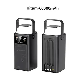 SOARFLY 60000mAh 22.5W PowerBank Outdoor Power Pengisian Cepat Luar Ruangan Power Bank Kapasitas Besar LampuBerkemah Portabel Dengan 4 Kabel Powerbank Elektronik - [Laris]Hitam-60000mAh