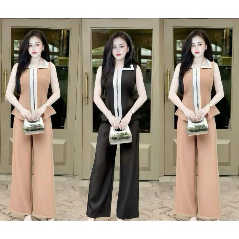 B25 - Set thiết kế quần xuông rộng dành cho nữ form áo sát nách khoá kéo mix quần dài form xuông đi chơi dự tiệc đẹp sang vải mềm mịn đủ size S M L XL,XXL