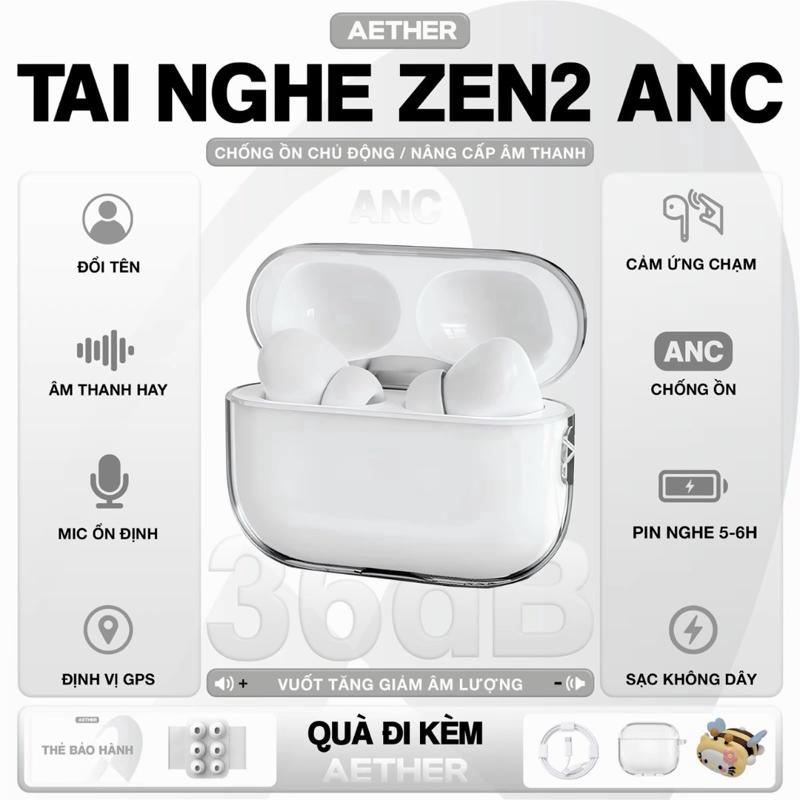 Tai Nghe Bluetooth Zen2 Aether ANC, Tặng Ốp, Cáp Sạc, Chống Ồn, Vuốt Tăng Giảm Âm Lượng, Định Vị, Đổi Tên, Tự Động Kết Nối, Bảo Hành trong 6 Tháng, Pin trâu Nhét Tai Nghe Nhạc Earphone Bluetooth