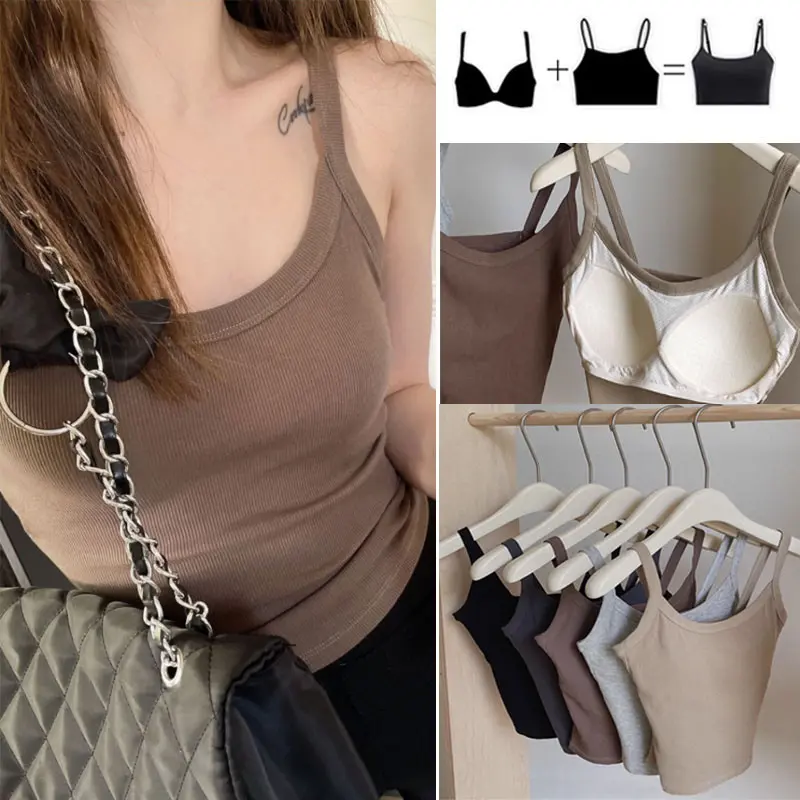 [SS24] Sexy Vest Women's Tank Top with Chest Pads Fixed Cup Camisole Bottoming Shirt Girl's Crop Top