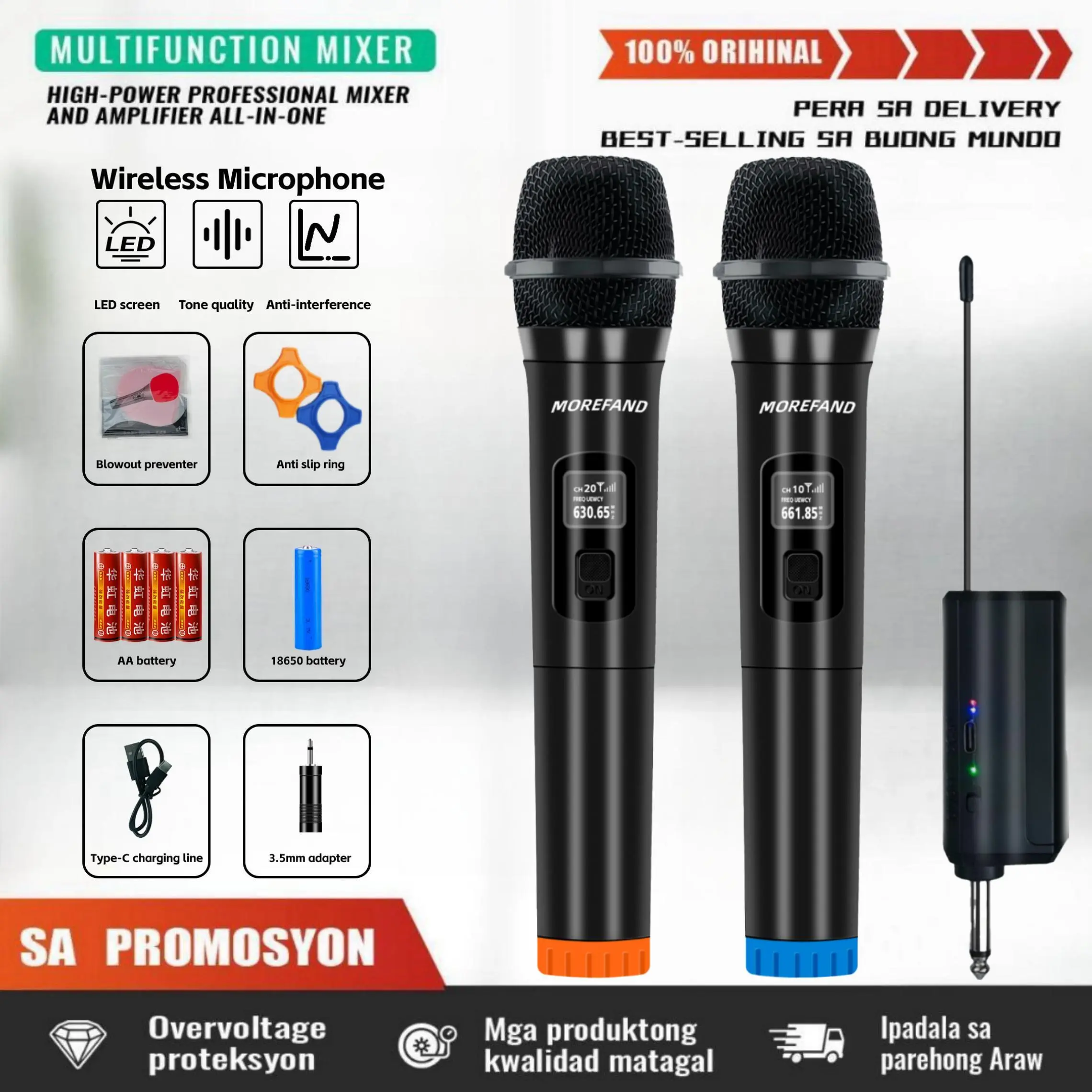 Mikrofon Wireless Tanpa Kabel ERRLY ER001 Single dan Dual Digital LED Genggam Set Lengkap untuk Karaoke rechargeable  wireless microphone mic anak futsal Bluetooth mic  karaoke alat karaoke full set