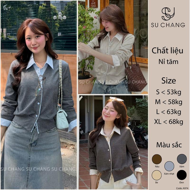 Áo Nỉ Tăm Phối Sơ Mi Cúc Dọc A974 Su Chang Thời Trang Nữ
