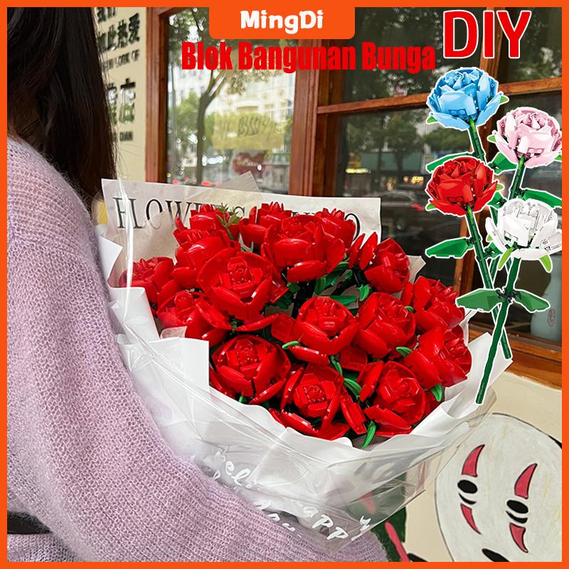 MINGDI Susun Balok Mawar Brick Bunga Bouquet DIY Mawar Nano Bricks Flower Romantis Block Buket Kecil Blok Anak Permainan valentine gift 1