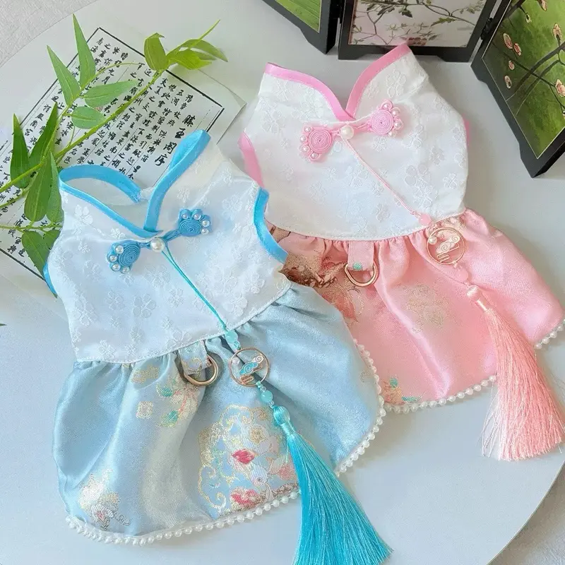 Baju Anabul Premium Imlek Cheongsam Biru dan Pink dengan Renda dan Tassel Elegan