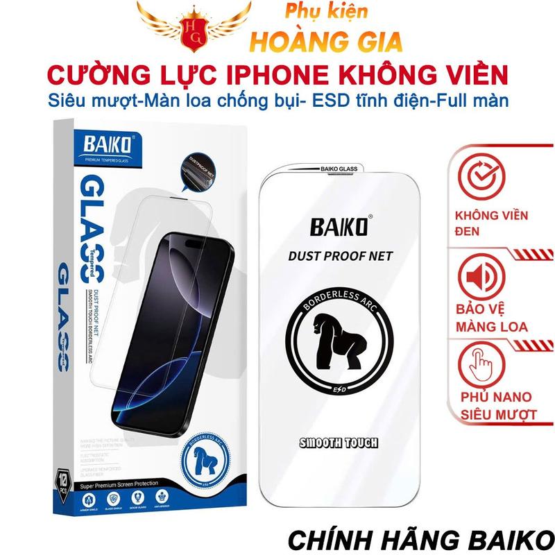 Kính cường lực iPhone Baiko không viền trong suốt Full màn hình 18 Pro max 17 Pro max 16 Pro max 15 Pro max 14 Pro max 13 Pro max 12 Pro max 11 Pro max Xsmax Xr Xs