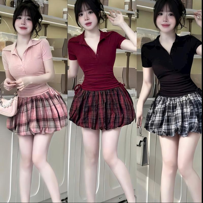 Set Váy bí phồng  hottred áo thun tay ngắn cổ bẻ rút dây phối chân váy kate caro bí phồng ( có quần lót trong ) xinh xắn dễ thương sành điệu thích hợp cho các nàng mặc đi chơi cùng bạn bè