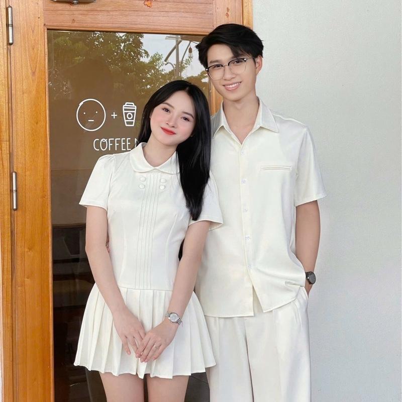 (XẢ KHO mẫu 1 ) Set đồ đôi nam nữ váy liền xếp li cúc bọc và áo sơmi nam chất mềm mát