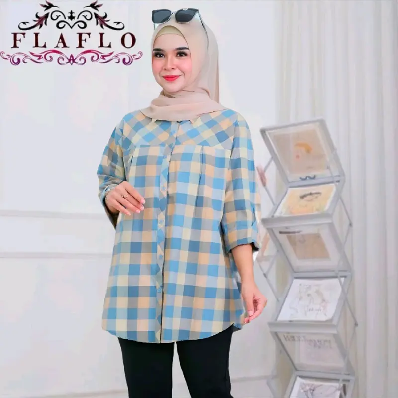 FLAFLO Blouse jumbo LD 120 kemeja kerja kotak kotak kekinian muat 85 kg Baju Atasan Panjang Katun Wanita Muslim lengan panjang 0