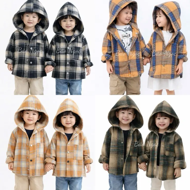 Áo Sơ Mi Dạ Có Mũ Cho Bé Chống Nắng Kẻ Caro Phong Cách Hàn Quốc Chất Liệu Cotton Mềm Mịn 10-40kg