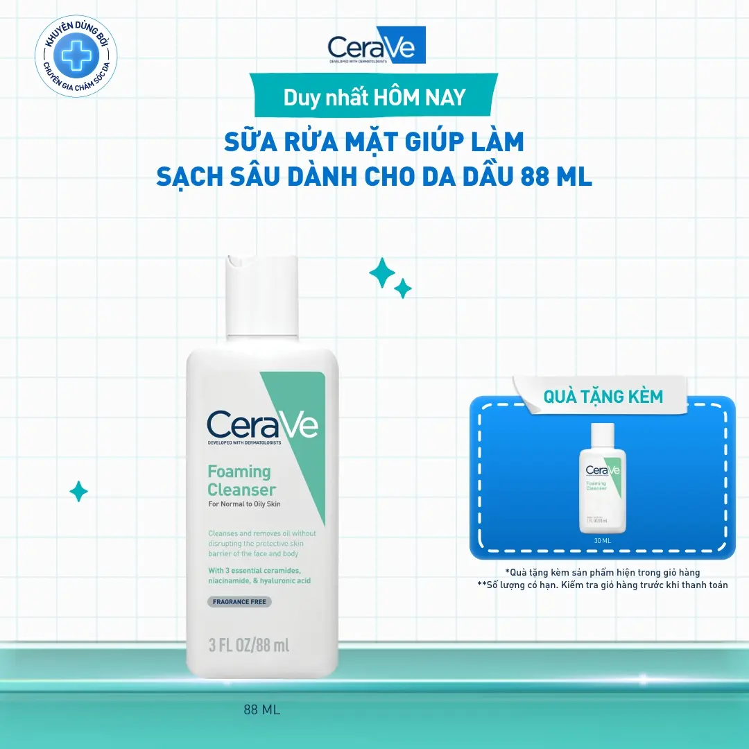 [DEAL HOT] Sữa rửa mặt giúp làm sạch sâu dành cho da dầu Cerave Foaming Facial Cleanser 88ml, tạo bọt làm sạch sâu dịu nhẹ và cung cấp độ ẩm cho da. Chăm sóc da_Sữa rửa mặt_Skincare cho Nam và Nữ_Cleansing | BigBuy360 - bigbuy360.vn
