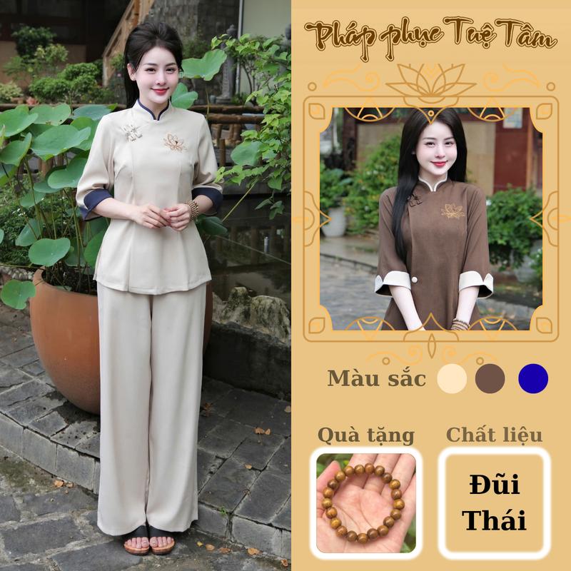    FREE SHIP   Bộ đồ lam đi chùa nữ thêu hoa sen Áo phối tay chất liệu đũi thái mềm mại sang chảnh - Pháp Phục Tuệ Tâm - Top Đồ Lam Women 