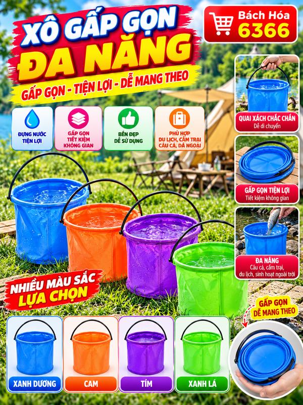 Xô Đựng Nước Gấp Gọn Đa Năng Có Quai Xách, Xô Vải Du Lịch Cắm Trại Dã Ngoại Câu Cá, Xô Mini Tiện Lợi Tiết Kiệm Diện Tích