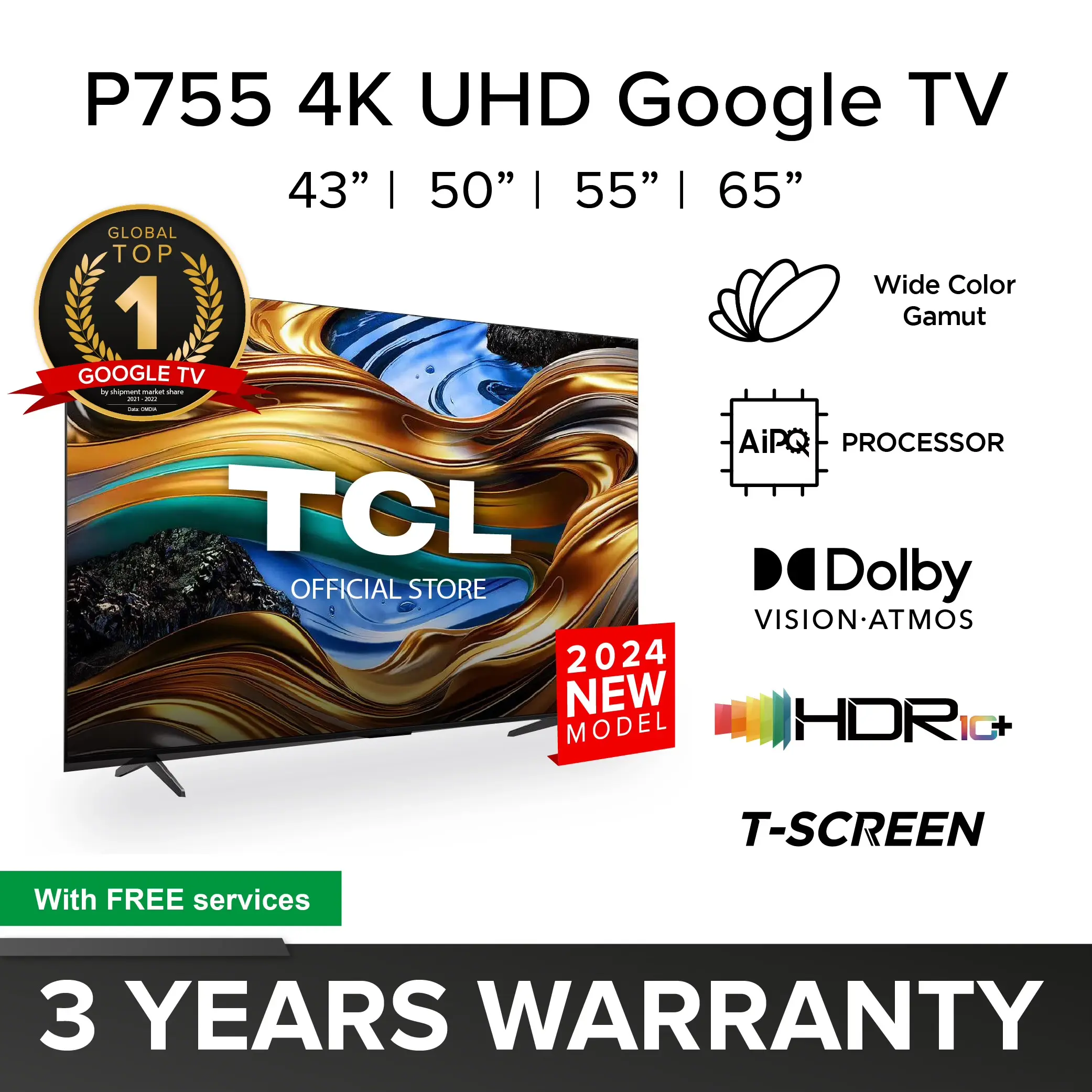 TCL P755 4K Google TV | 43 50 55 65 inch | 4K TV |  Cinema Quality| Smart TV | Wide Colour Gamut